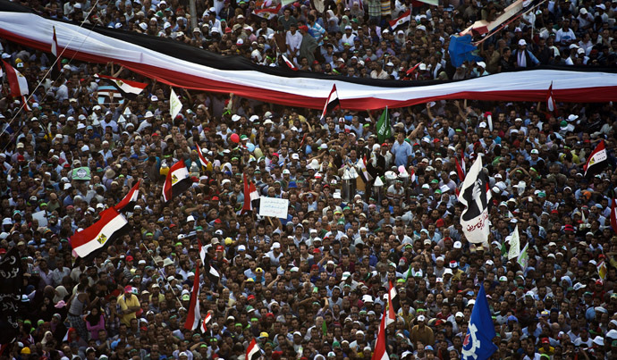  Supporters of
  Egyptian president Mohammed Morsi and the Muslim Brotherhood
  gather during a demonstration next to the Rabaa El-Adaweya mosque
  in the capital Cairo, on June 28, 2013. (AFP Photo)