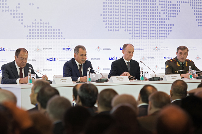 From left: Sergei Lavrov, Foreign Minister, Sergei Shoigu, Defense Minister, Nikolai Patrushev, Security Council Secretary, and Valery Gerasimov, Chief of the General Staff, attending the 4th Moscow international security conference (RIA Novosti / Iliya Pitalev)